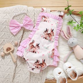 Easter 2pcs Baby Girl Allover Rabbit Print Sleeveless Ruffle Romper with Headband Set