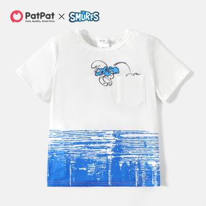 smurfs criança menino bolso design colorblock camiseta de manga curta