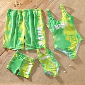 Family Matching Green Ombre Tie Dye Letter Print One-piece Swimsuit