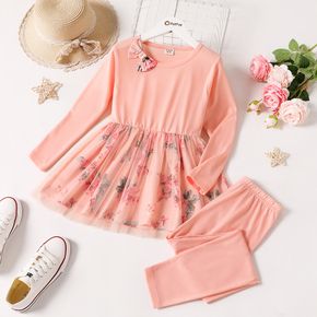 2-piece Kid Girl Bowknot Design Floral Print Mesh Long-sleeve Pink Top and Elasticized Pants Set