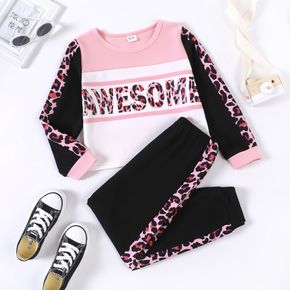 2-piece Kid Girl Letter Leopard Print Colorblock Hoodie Sweatshirt and Elasticized Pants Set