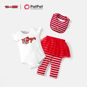 TOM and JERRY Baby Girl Heart Print Bodysuit and Stripe Pants and Bib