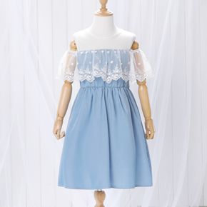 Kid Girl Lace Design Cold Shoulder Denim Splice Sleeveless Princess Dress