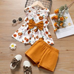 2-piece Toddler Girl Floral Print Bowknot Design Sleeveless Top and Elasticized Shorts Set