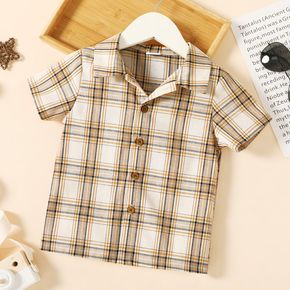 Toddler Boy Lapel Collar Button Design Short-sleeve Plaid Shirt