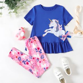 2-piece Kid Girl Unicorn Print Bowknot Design Ruffle Hem Tee and Floral Print Elasticized Pants Set