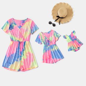 Colorful Tie Dye V Neck Short-sleeve Romper for Mom and Me