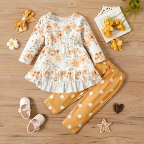 3pcs Baby Girl Floral Print Long-sleeve Irregular Ruffle Hem Top and Polka Dots Leggings Pants with Headband Set