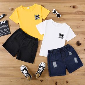 2-piece Kid Boy Letter Print Short-sleeve Tee and Ripped Denim Shorts Set