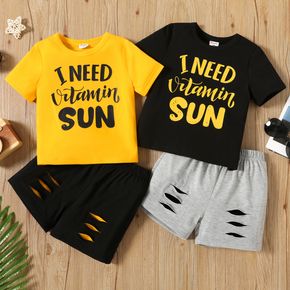 2-piece Toddler Boy Letter Print Tee and Elasticized Ripped Shorts Set