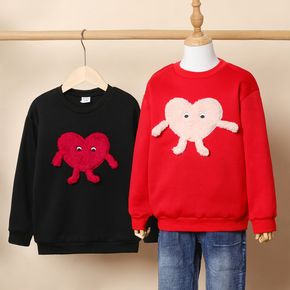 Kid Girl Fleece Lined Fuzzy Heart Pattern Cartoon Design Pullover Sweatshirt
