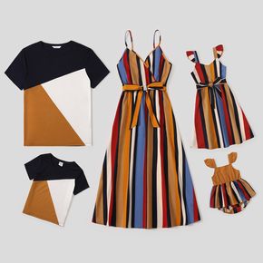 Family Matching Multicolor Striped V Neck Spaghetti Strap Belted Dresses and Colorblock Short-sleeve T-shirts Sets