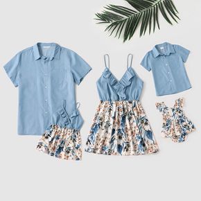 Family Matching Imitation Denim Spaghetti Strap Ruffle V Neck Splicing Floral Print Dresses and Short-sleeve Shirts Sets