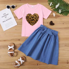 2-piece Kid Girl Heart Sequined Pink Tee and Belted Denim Skirt Set