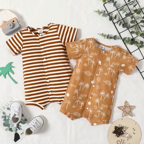 Baby Boy Ribbed Striped/Plant Print Snap Up Short-sleeve Romper