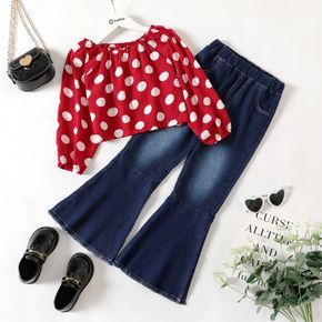2-piece Kid Girl Polka dots Long-sleeve Red Tee and Flared Denim Jeans Set