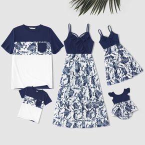 Family Matching Solid Spaghetti Strap Ruffle V Neck Splicing Plant Print Dresses and Colorblock Short-sleeve T-shirts Sets