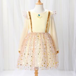 Kid Girl Faux Crystal Decor Sequin Strap Ruffled Stars Glitter Mesh Splice Long-sleeve Party Dress