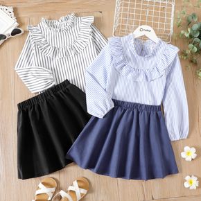 2-piece Kid Girl Ruffled Long-sleeve Stripe Blouse and Solid Color Elasticized Skirt Set