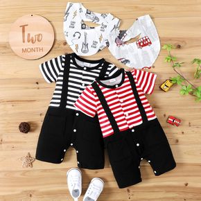 2pcs Baby Boy Striped Short-sleeve Faux-two Jumpsuit with Bib Set
