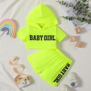 Baby Girl Letter Print Fluorescent Colored Short-sleeve Hooded Crop Top and Shorts Set
