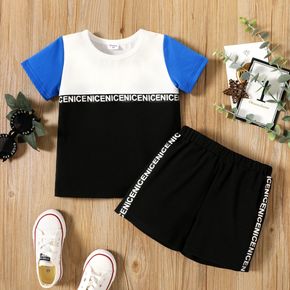 2-piece Toddler Boy Letter Print Colorblock Tee and Elasticized Black Shorts Set