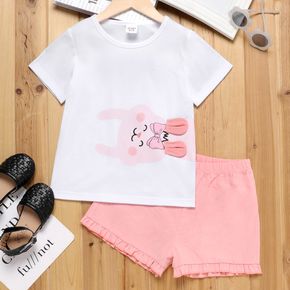 Easter 2-piece Kid Girl Rabbit Print Ear Design White Tee and Ruffled Pink Shorts Set
