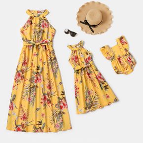 All Over Floral Print Yellow Halter Neck Off Shoulder Belted Dress for Mom and Me