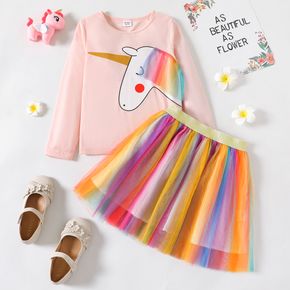 2-piece Kid Girl Unicorn Print Long-sleeve Pink Tee and Colorful Mesh Design Skirt Set