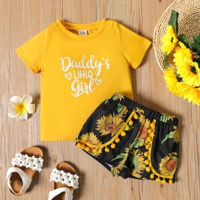 Father's Day 2-piece Toddler Girl Letter Print Tee and Floral Print Pompom Design Shorts Set