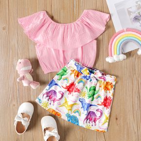2-piece Toddler Girl Flounce Off Shoulder Sleeveless Pink Tee and Belted Dinosaur Print Skirt Set