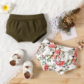 Baby Girl Solid/Floral Print Ribbed Elasticized Waist Shorts