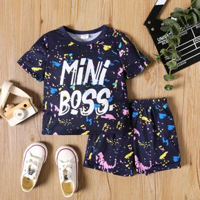 2-piece Toddler Boy Letter Painting Print Royal Blue Tee and Elasticized Shorts Set