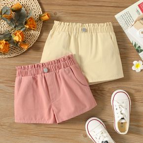 Toddler Girl 100% Cotton Button Decor Elasticized Solid Color Paperbag Shorts