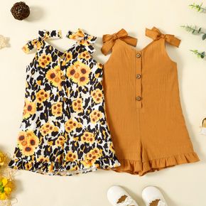 Toddler Girl Floral Print/Solid Color Sleeveless Ruffle Cuff Bowknot Button Design Romper Jumpsuit Shorts