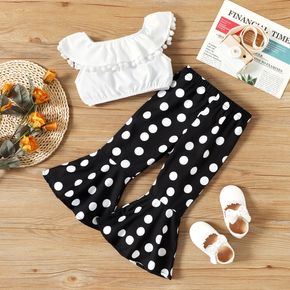 2-piece Toddler Girl Off Shoulder Flounce Pompom Design White Tee and Polka dots Flared Pants Set