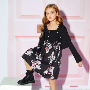 قطعتان من فستان كامي بحزام وطبعة زهور للفتيات الصغيرات ومجموعة كارديجان سوداء بتصميم أزرار