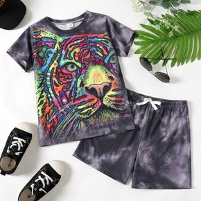 2-piece Kid Boy Animal Print Tie Dyed Short-sleeve Tee and Elasticized Shorts Set