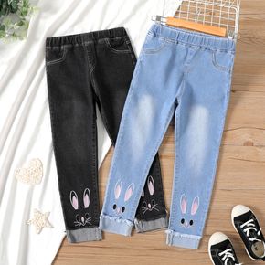 Kid Girl Easter Cute Rabbit Embroidered Elasticized Denim Jeans