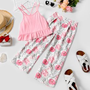 2-piece Kid Girl Ruffle Hem Crisscross Backless  Pink Camisole and Floral Print Pants Set