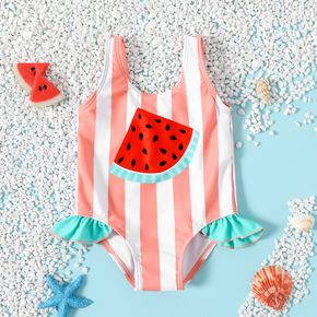 Baby Girl Watermelon Print Striped Sleeveless Ruffle One-Piece Swimsuit