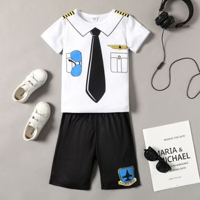 2-piece Kid Boy Captain Pattern Short-sleeve White Tee and Plane Print Shorts Set