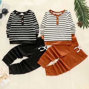 2-piece Toddler Boy Stripe Button Design Long-sleeve Top and Solid Color Pants Set