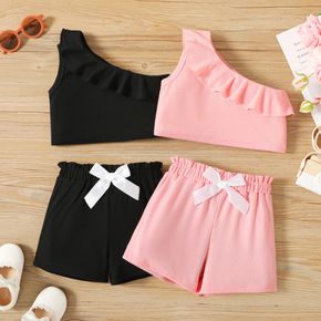 2-piece Toddler Girl Flounce One Shoulder Sleeveless Crop Tee and Bowknot Design Paperbag Shorts Set