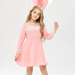 Kid Girl Lace Design Mesh Polka dots Long-sleeve Pink Dress