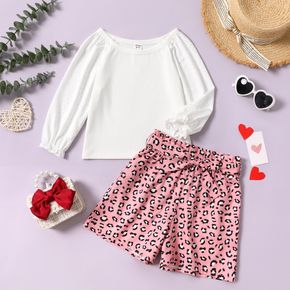 2-piece Kid Girl Schiffy Design Long-sleeve White Tee and Belted Leopard Print Pink Shorts Set