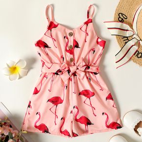 Toddler Girl Flamingo Print Button Design Belted Cami Romper Jumpsuit Shorts