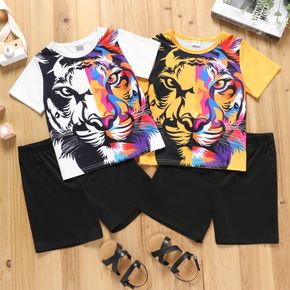 Set 2 pezzi bambino ragazzo t-shirt stampa tigre animale colorato e pantaloncini neri elasticizzati