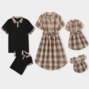 Family Matching Plaid Lapel Short-sleeve Dresses and Splicing Polo Shirts Sets