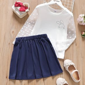 2-piece Kid Girl Easter Rabbit Print Polka dots Mesh Long-sleeve White Tee and Elasticized Dark Blue Skirt Set